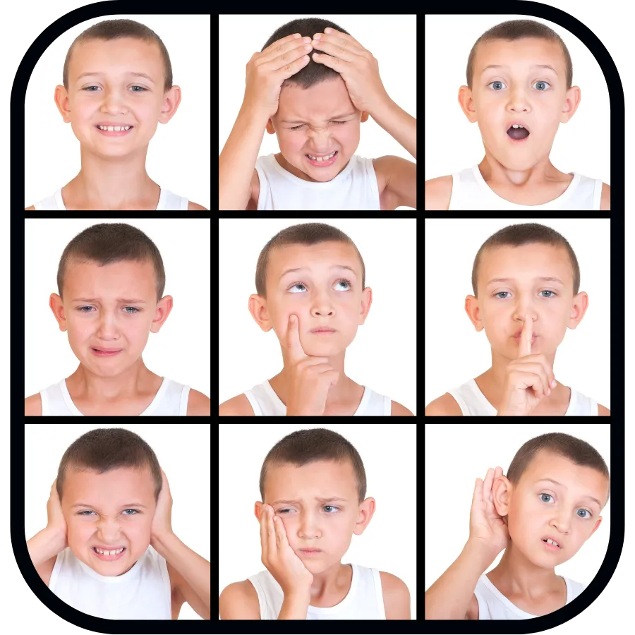 Young boy showing 9 different facial expressions