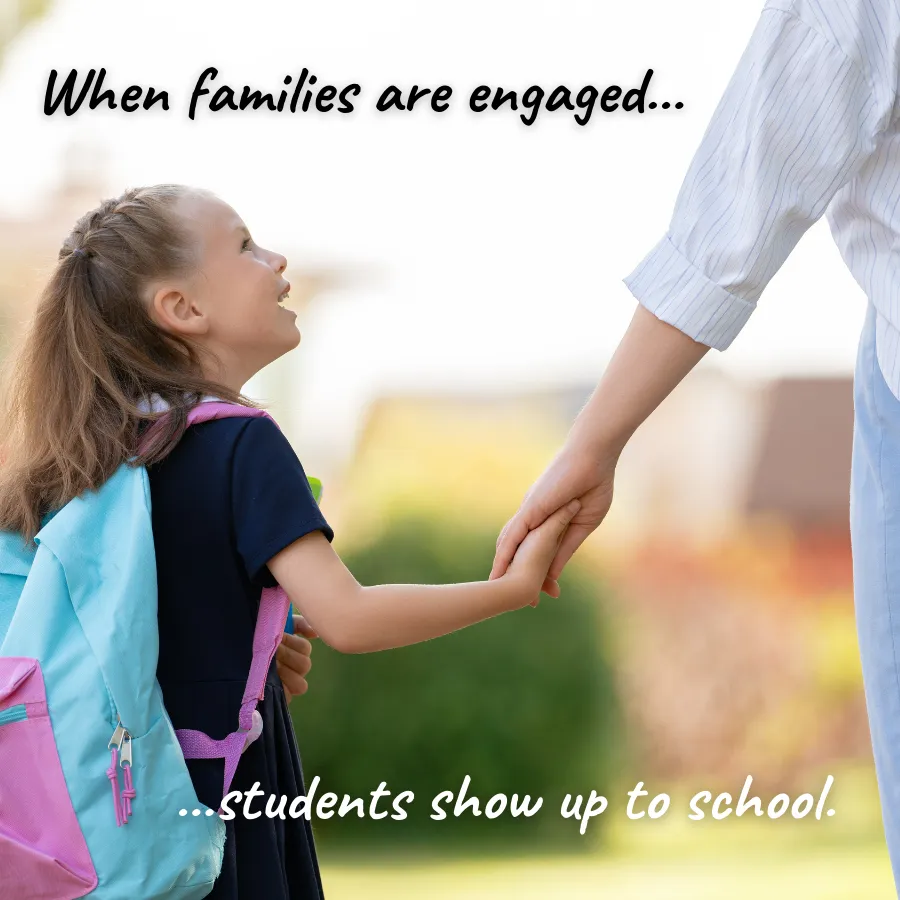 Parent holding young girl's hand with text-When families are engaged students show up to school