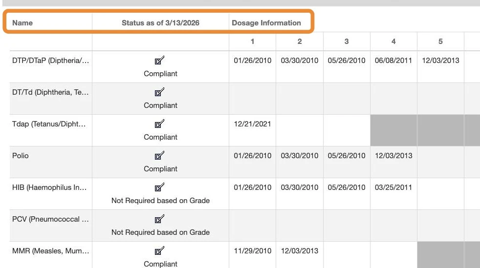 Immunization compliance information in ParentVUE web browser