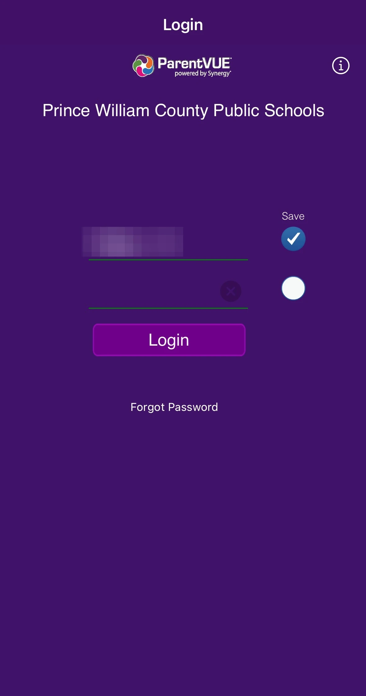 ParentVUE mobile app login screen