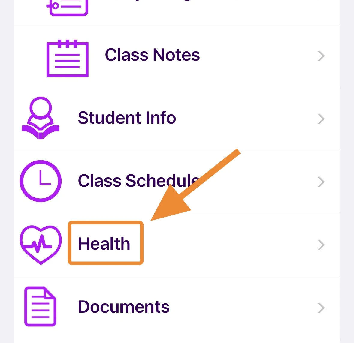 Health section in ParentVUE mobile app