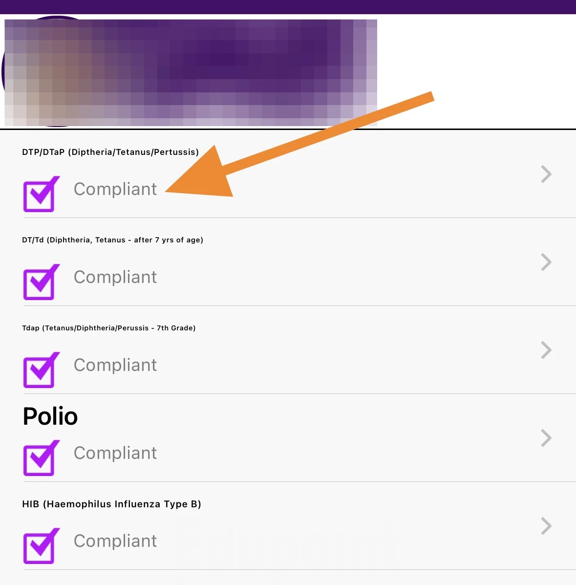 Immunization compliance information in ParentVUE mobile app